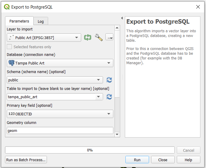 export to PostgreSQL dialog box