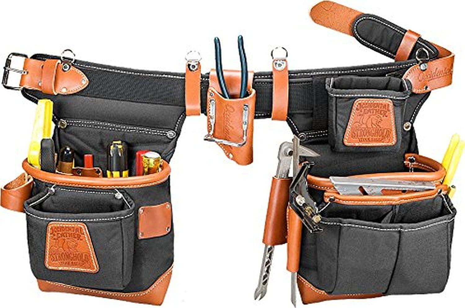 A black Occidental Leather 9850LH Adjust-to-Fit tool belt with orange leather details.
