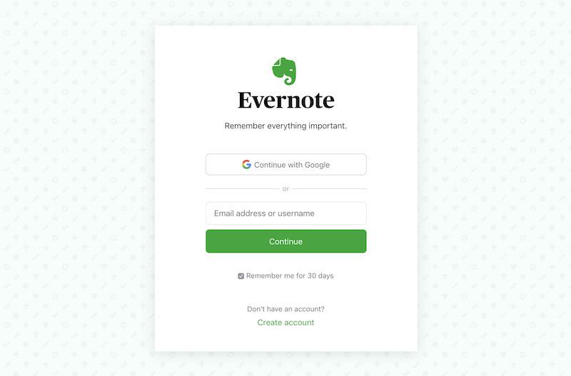 Página de inicio de sesión de Evernote 