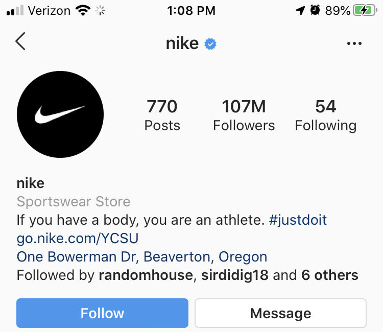 message button in Nike's bio to allow Instagram Dms