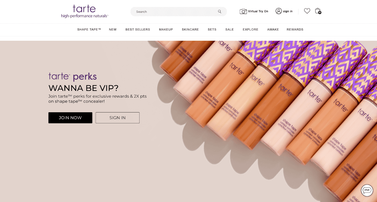 Rewards Case Study tarte perks–A screenshot of tarte perks’ rewards program explainer page. The banner image shows several of tarte’s shape tape concealers in various shades. Next to them is a blurb of text that reads, “tarte perks. Wanna be a VIP? Join tarte perks for exclusive rewards and 2x points on shape tape concealer!” There are two buttons that invite customers to ‘Join Now’ or ‘Sign In’. 