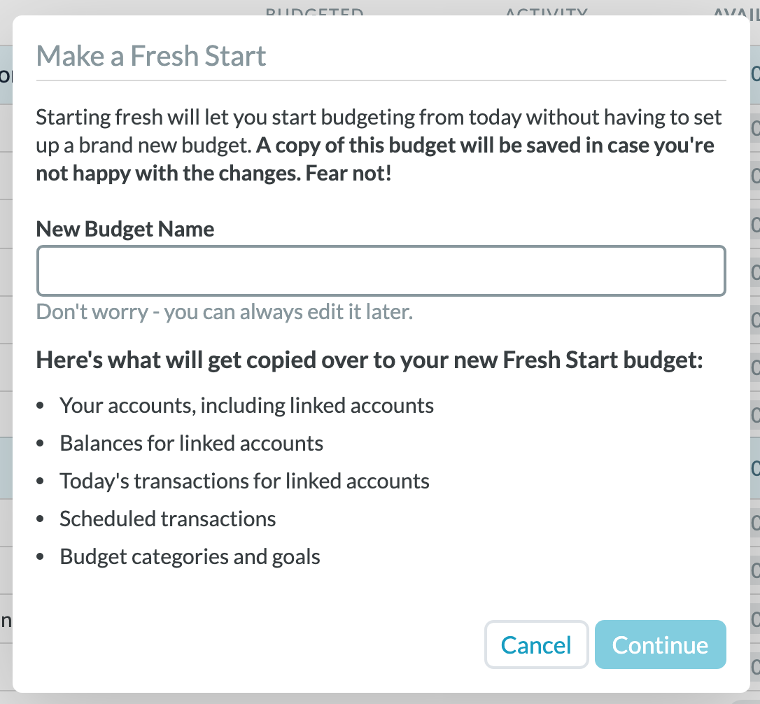 YNAB Fresh Start