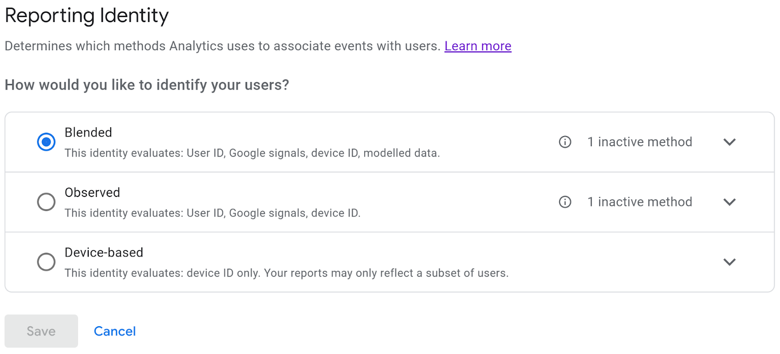 Google Analytics 4 (GA4) user identity screen detailing all three identities