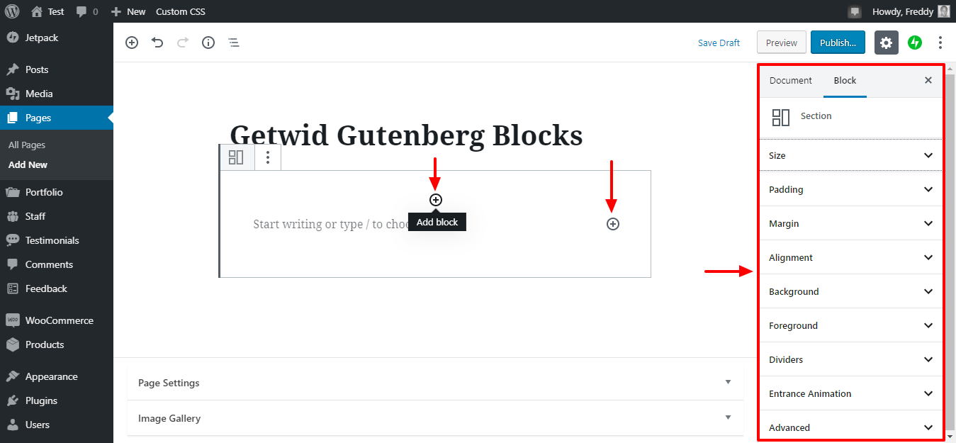 configurações do bloco de seção getwid