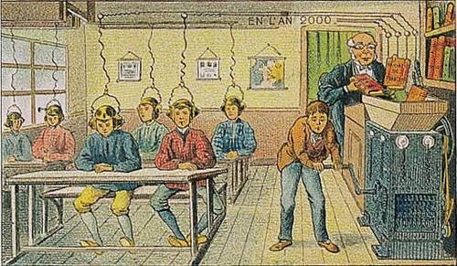 1910 illustration of a classroom in the year 200 where students are fed data directly into their brains courtesy of a hand-cranked book shredding device