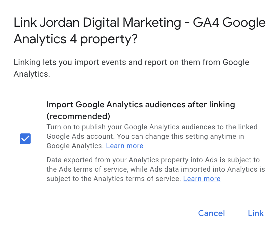 Check the box to import audiences after linking and click Link.