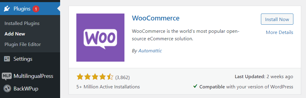 this image shows how to find and install the woocommerce plugin on the wordpress dashboard