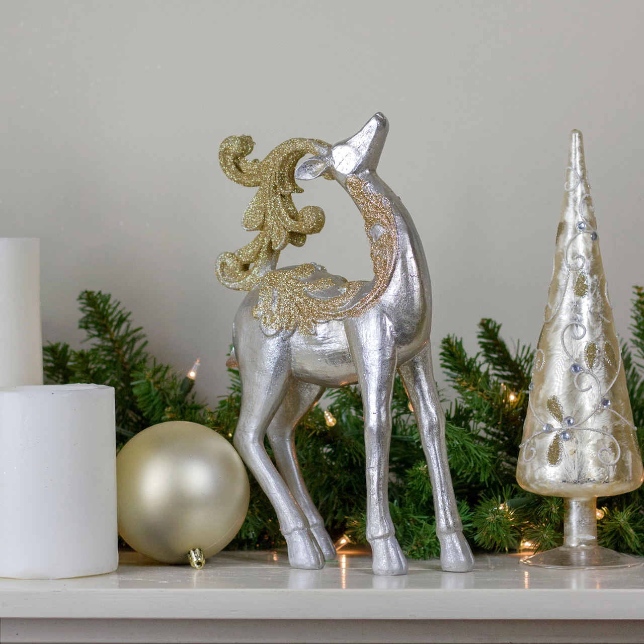 silver and gold glittered tabletop reindeer figure