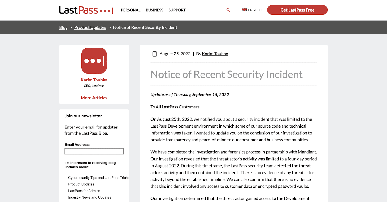 LastPass data breach notice on their website