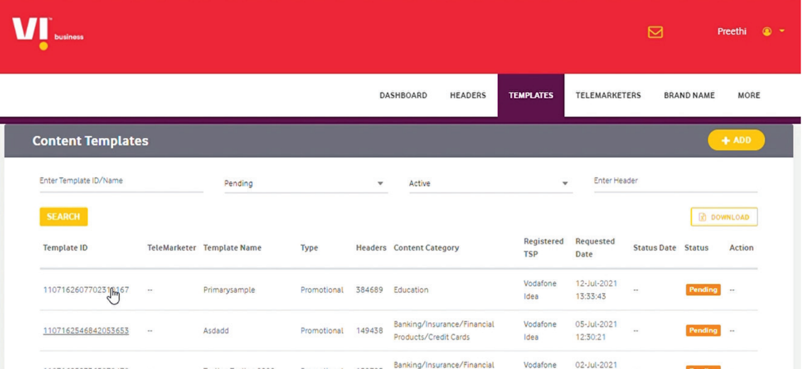 Pending Content template approvals on Vodafone DLT website | SMSCountry