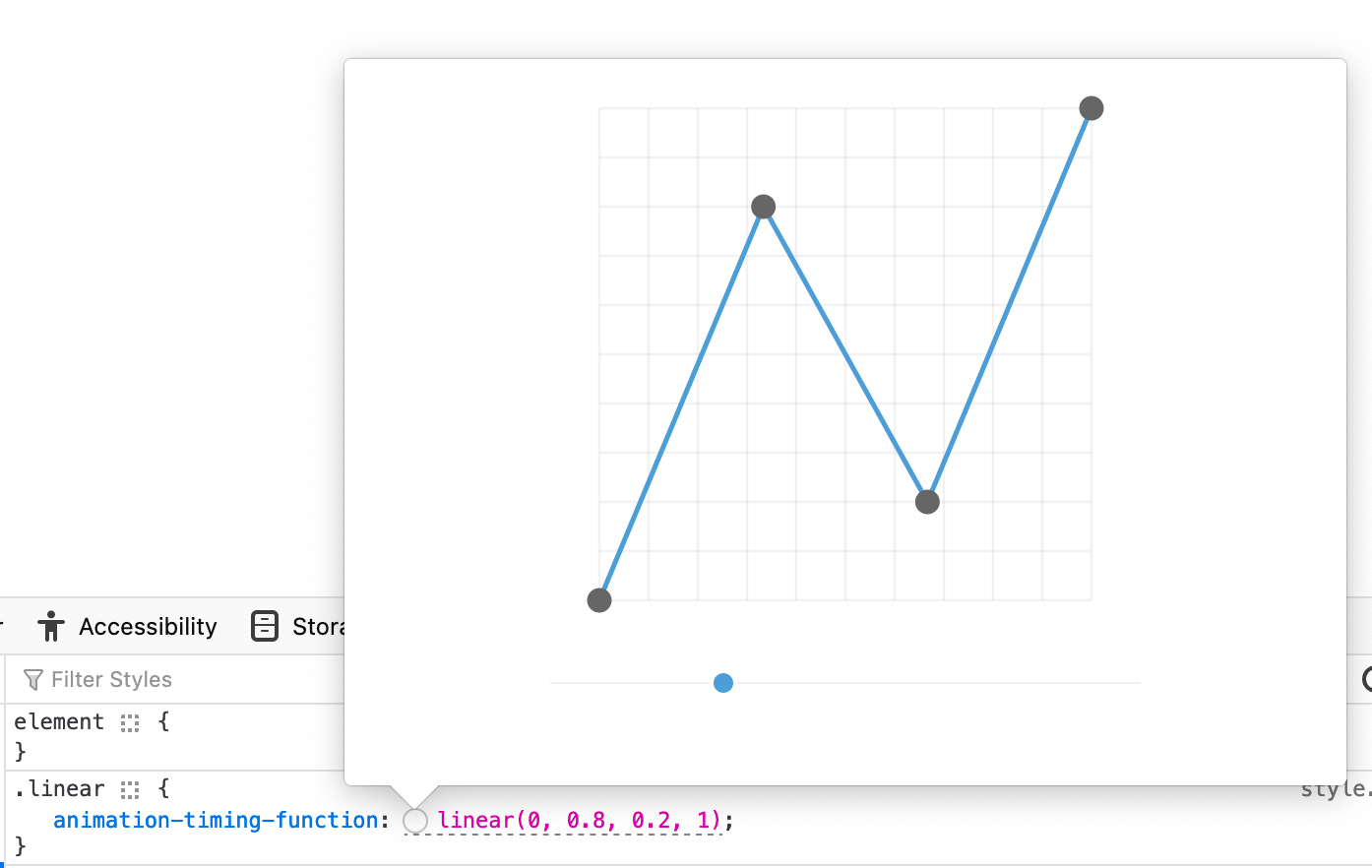 In the rule view, there's a `animation-timing-function` property whose value is `linear(0, 0.8, 0.2, 1)`
An button, displayed before the value, was clicked, and a modal is displayed with a chart onto which the values of the linear function are plotted and connected with straight lines