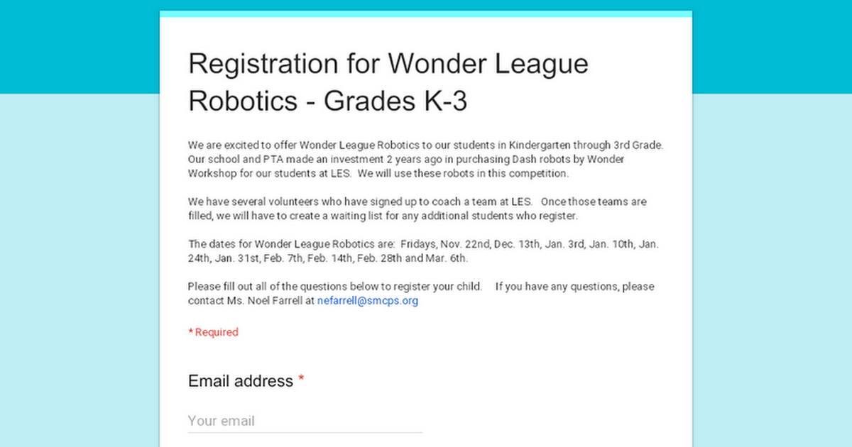 Registration for Wonder League Robotics - Grades K-3