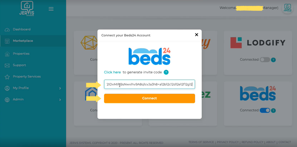 Beds24 connection popup with invite code pasted