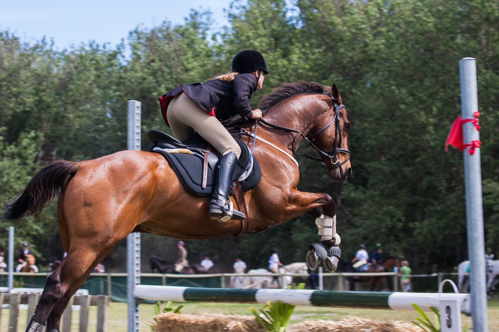 a rider whose heel has come up and lower leg slid back while jumping