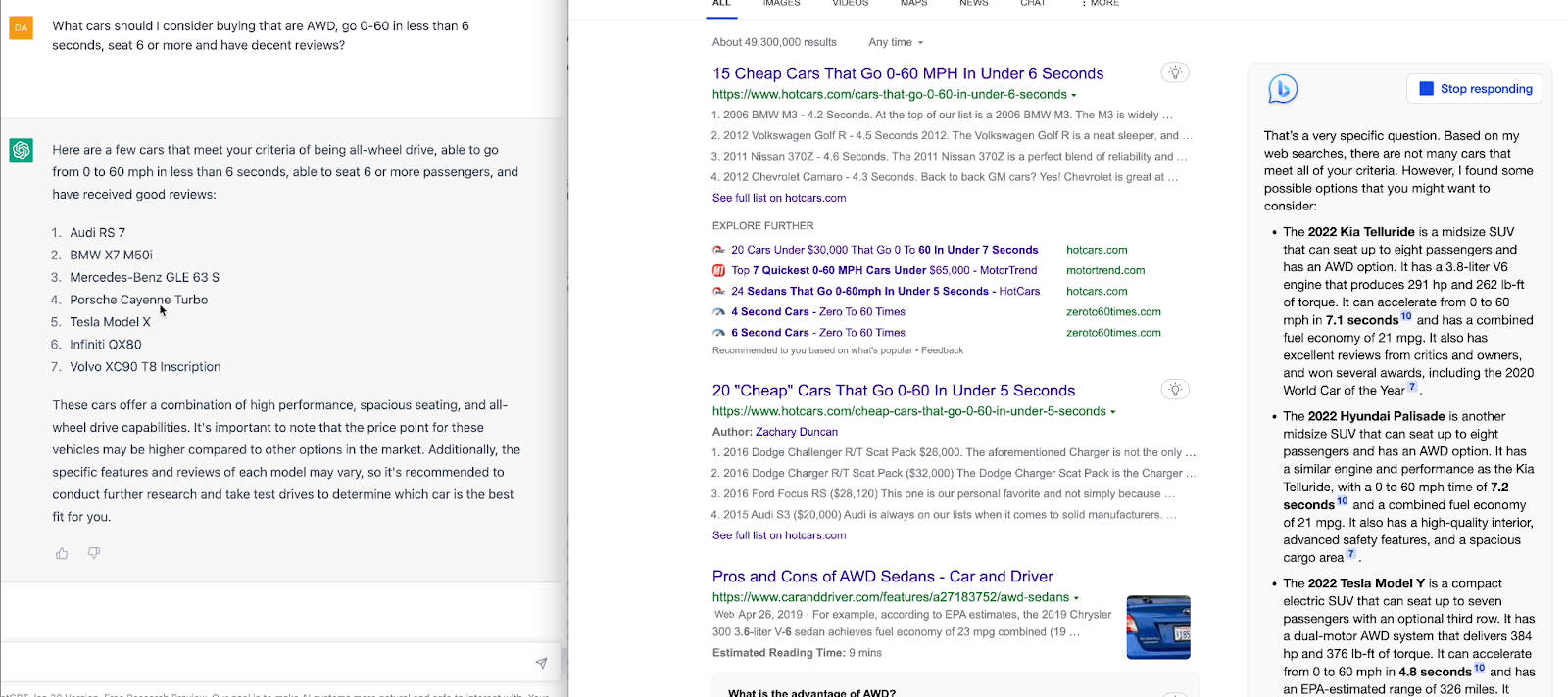 ChatGPT answer V.S. Bing answer