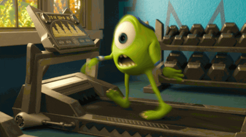 an animated character exercising on a treadmill