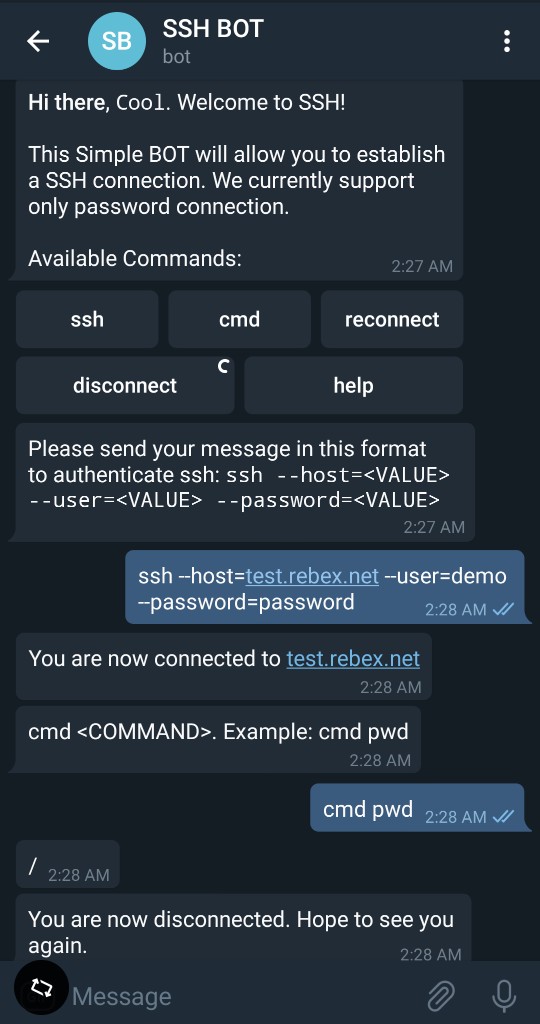 SSH Telegram bot conversation