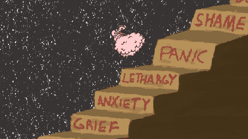 Gif of a brain tumbling down a flight of stairs and each stair describes a difficult feeling like grief, anxiety, and hopelessness.