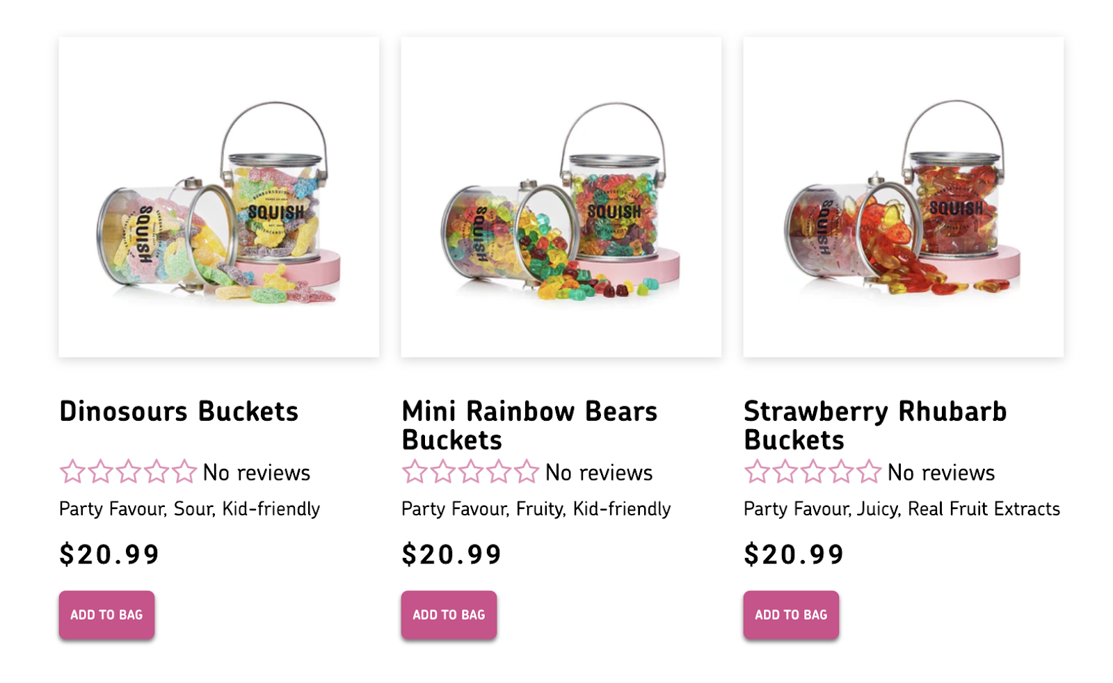 5 best referral program examples–A screenshot showing various Squish products including Dinosours Buckets, Mini Rainbow Bears Buckets, and Strawberry Rhubarb Buckets. 