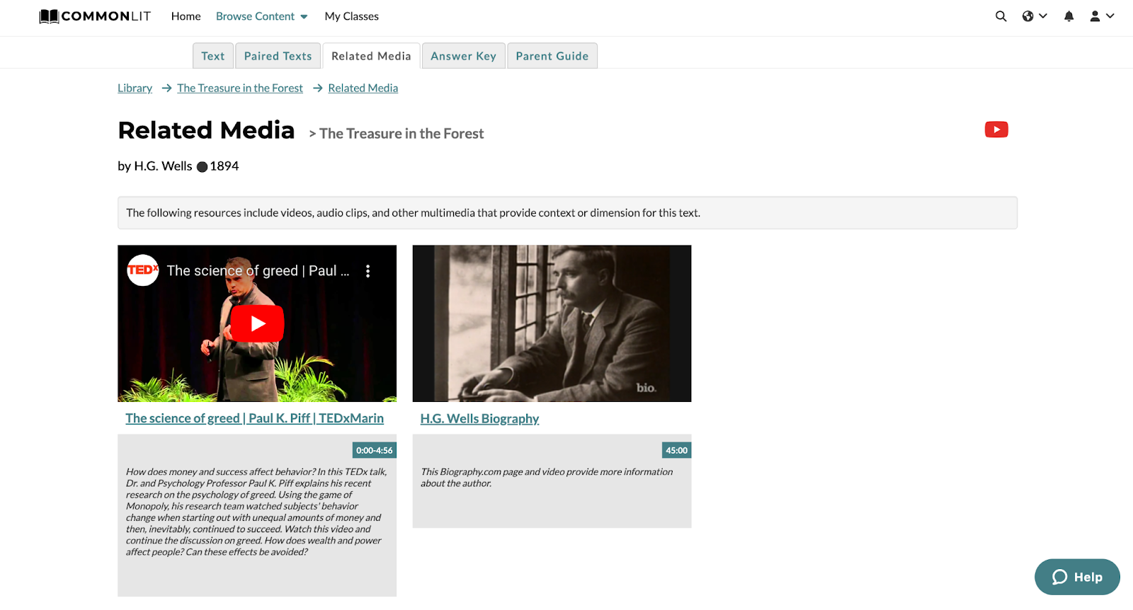 Related Media tab for “The Treasure Forest” by H.G. Wells