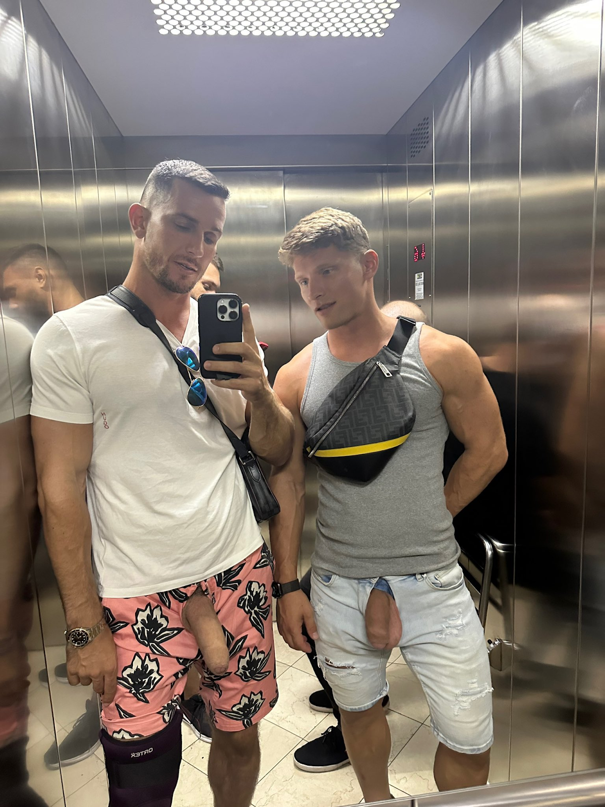 daniel knight and jakub stefano selfie in elevator with their flaccid dicks hanging out of their shorts