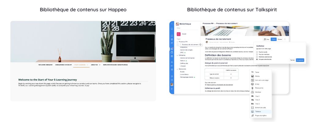 Comparatif de la bibliothèque sur Happeo et Talkspirit, la meilleure alternative à Happeo