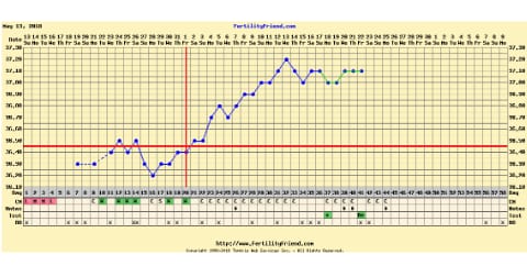 Gráfico de temperatura basal mostrando o ciclo fértil da Nayara, com o padrão térmico que levou ao positivo