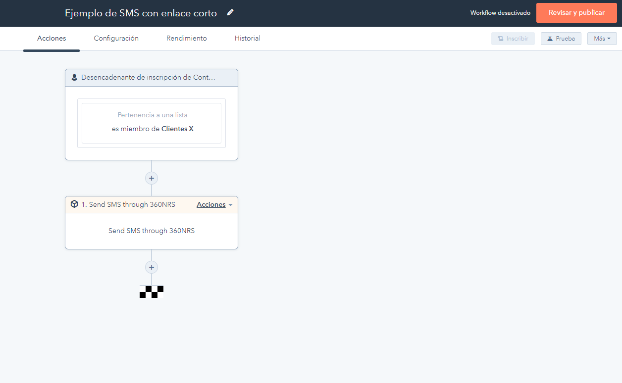 Vista previa de la configuración de un envio de SMS en Hubspot