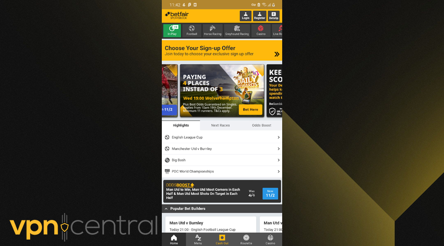 Betfair's mobile app