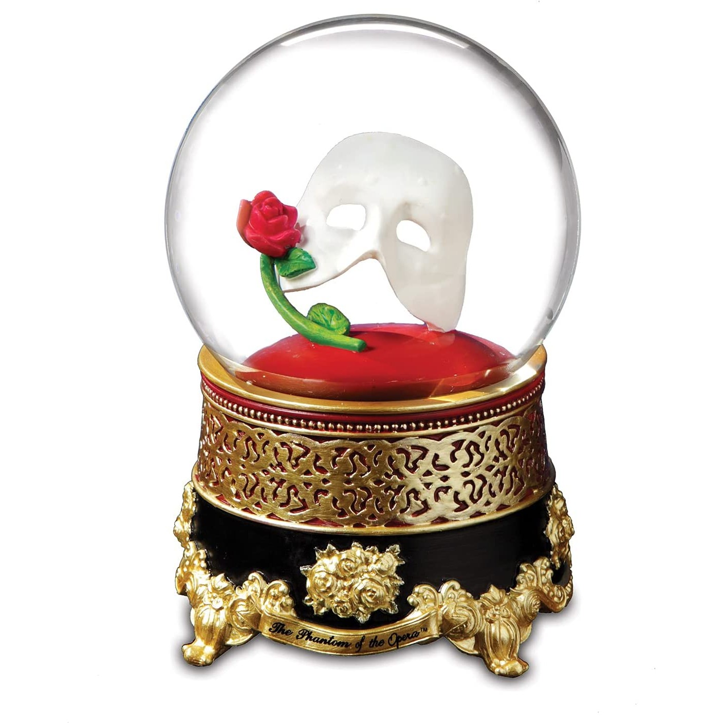 The Phantom of The Opera Water Globe with the Classic Mask and Rose Inside the Globe.