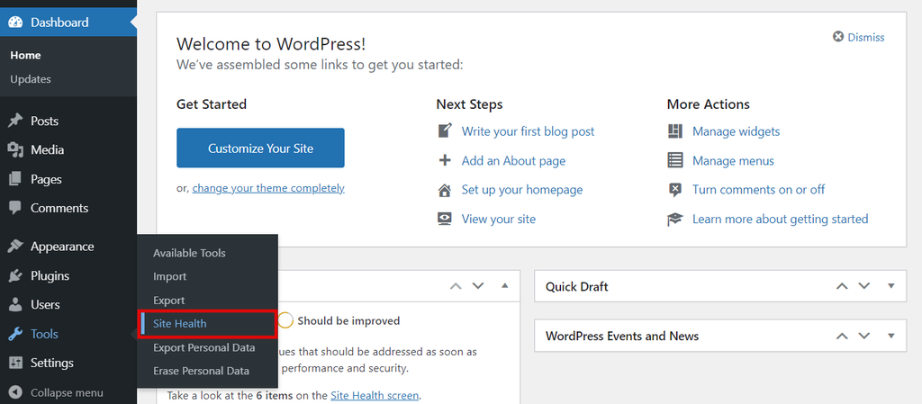 Destaque para a opção de Site Health no menu de ferramentas (tools) do painel de controle do WordPress