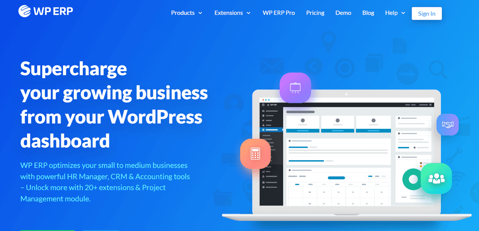 WP ERP website home page, one of the best CRM plugins for WordPress