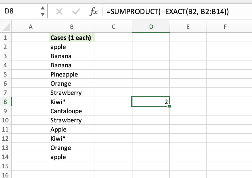 Table displayed next to a formula that shows how to count cells that contain specific text