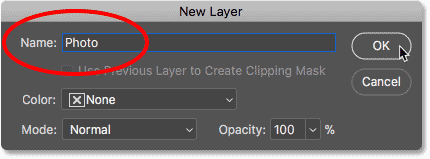 Nhập tên mới vào hộp thoại New Layer trong Photoshop