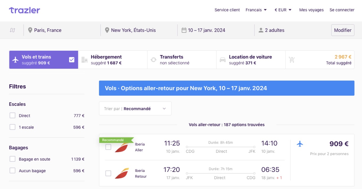 Trazler sélectionne pour vous les meilleures offres de vols Paris - New York, d’hébergements et de locations selon les caractéristiques de votre voyage. 