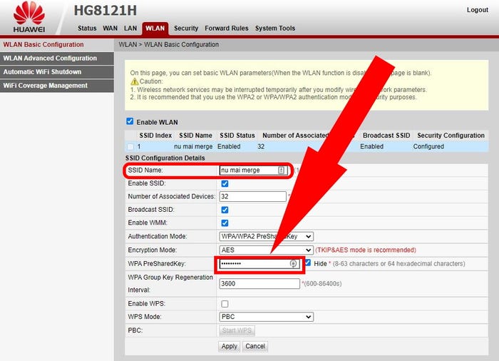 The “Wireless Security” settings page, with the “Wi-Fi Password” box highlighted.