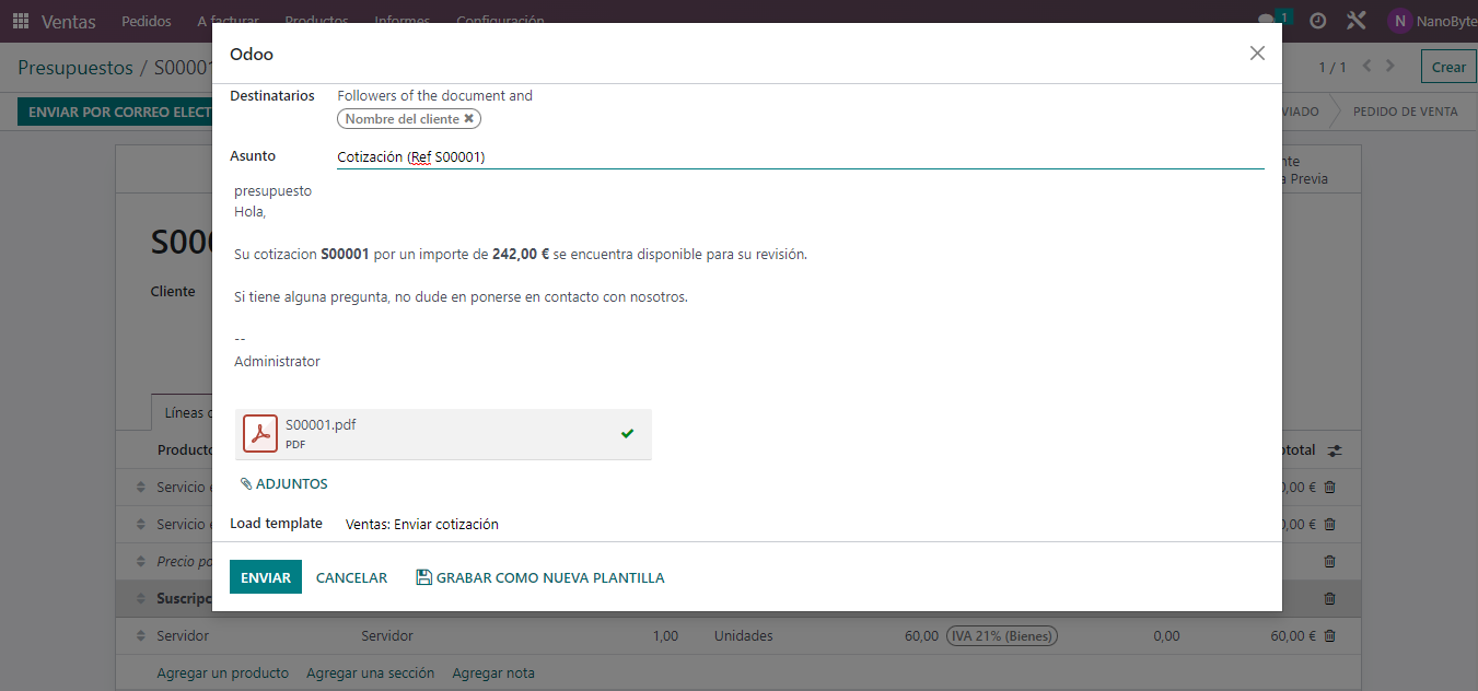 envío de presupuestos en odoo