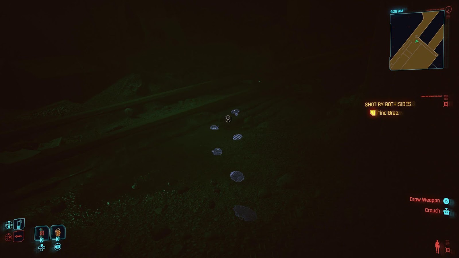 An in game screenshot of footprints found when scanning from the game Cyberpunk 2077.