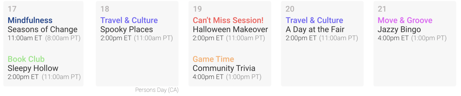 Sample activity calendar on rendeverlive