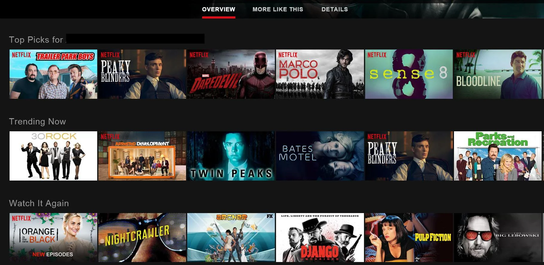 Top picks of movie and tv suggestions on Netflix for a user.