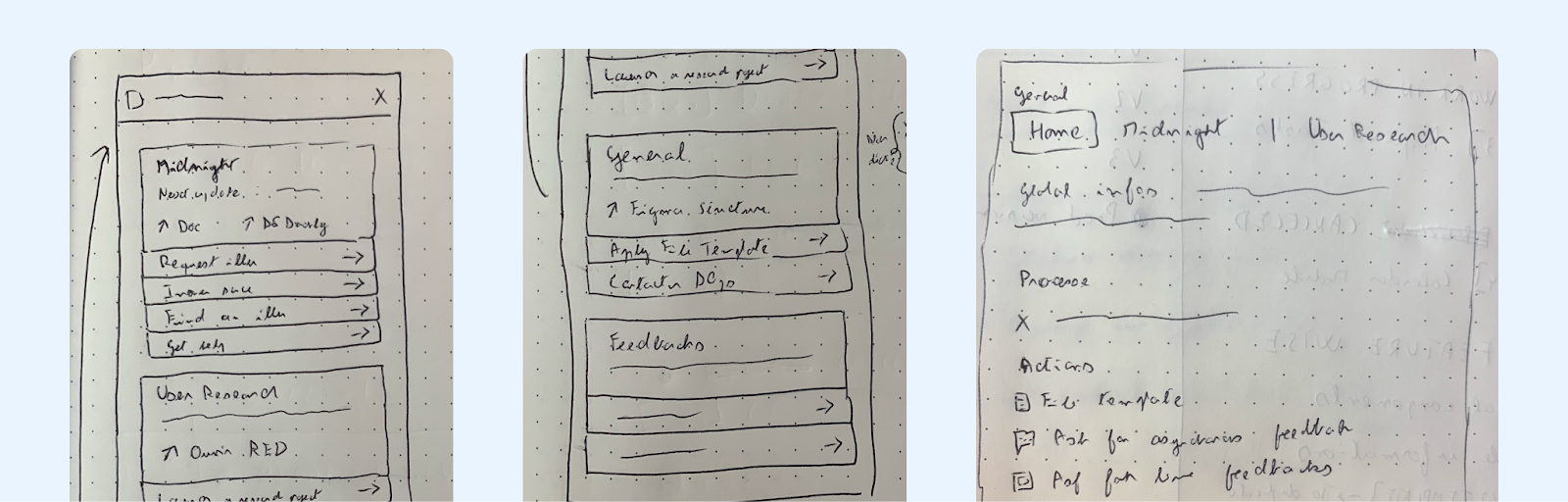 First handwritten sketches of the plugin showing different navigation concepts.