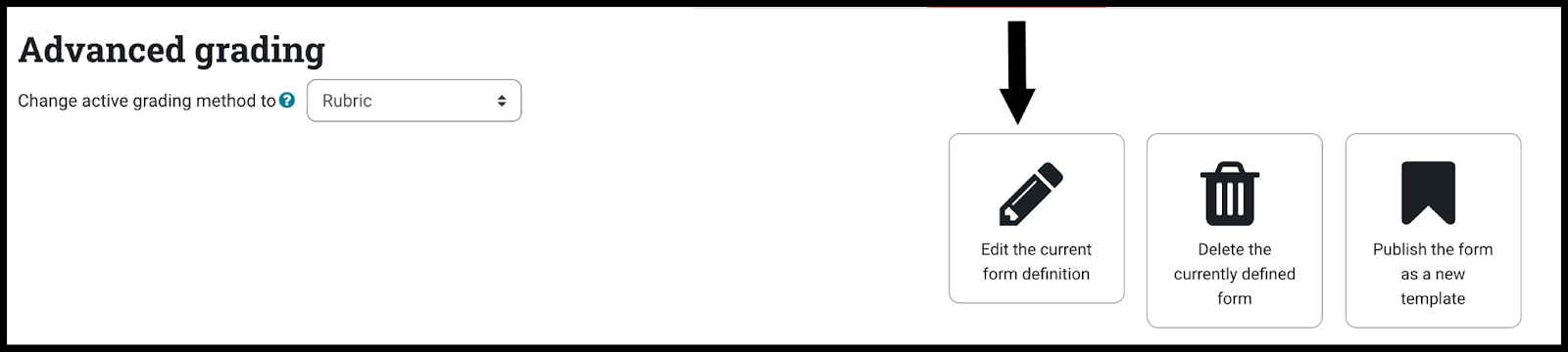 Advanced grading screen with rubric selected as type and the three following choices are available: Edit the current form definition, Delete the currently defined form, and Publish the form as a new template; Arrow pointing to Edit the current form definition