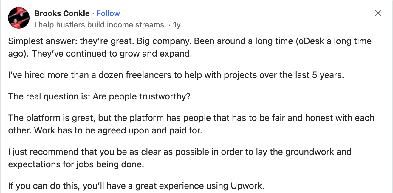 A Upwork review by a client on Quora