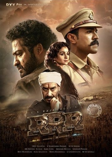 Tamil movie RRR poster starring ajay devgn, Jr. NTR,and Ram Charan