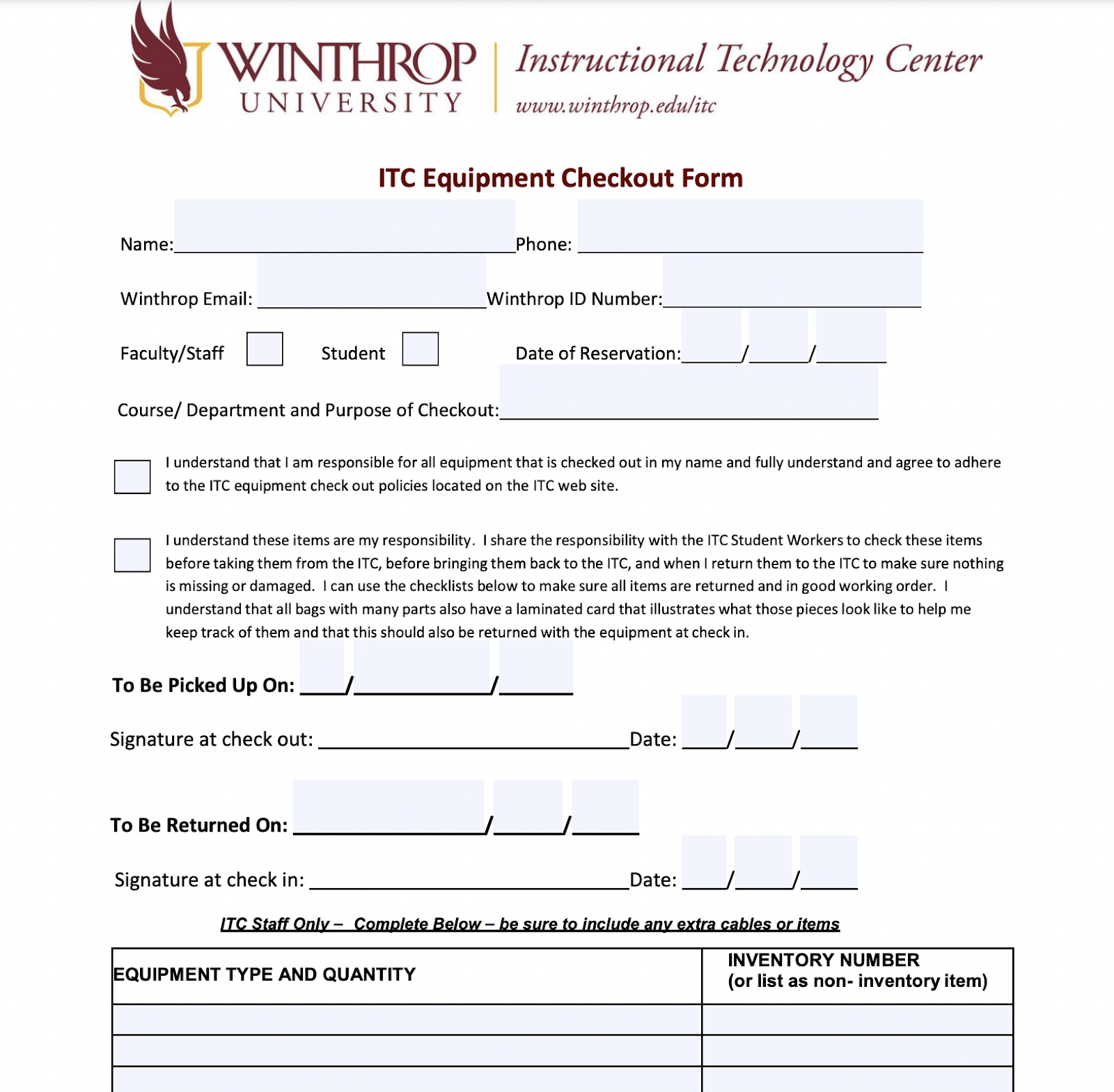 Winthrop University equipment checkout form