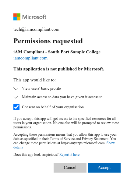 Permissions requested screen