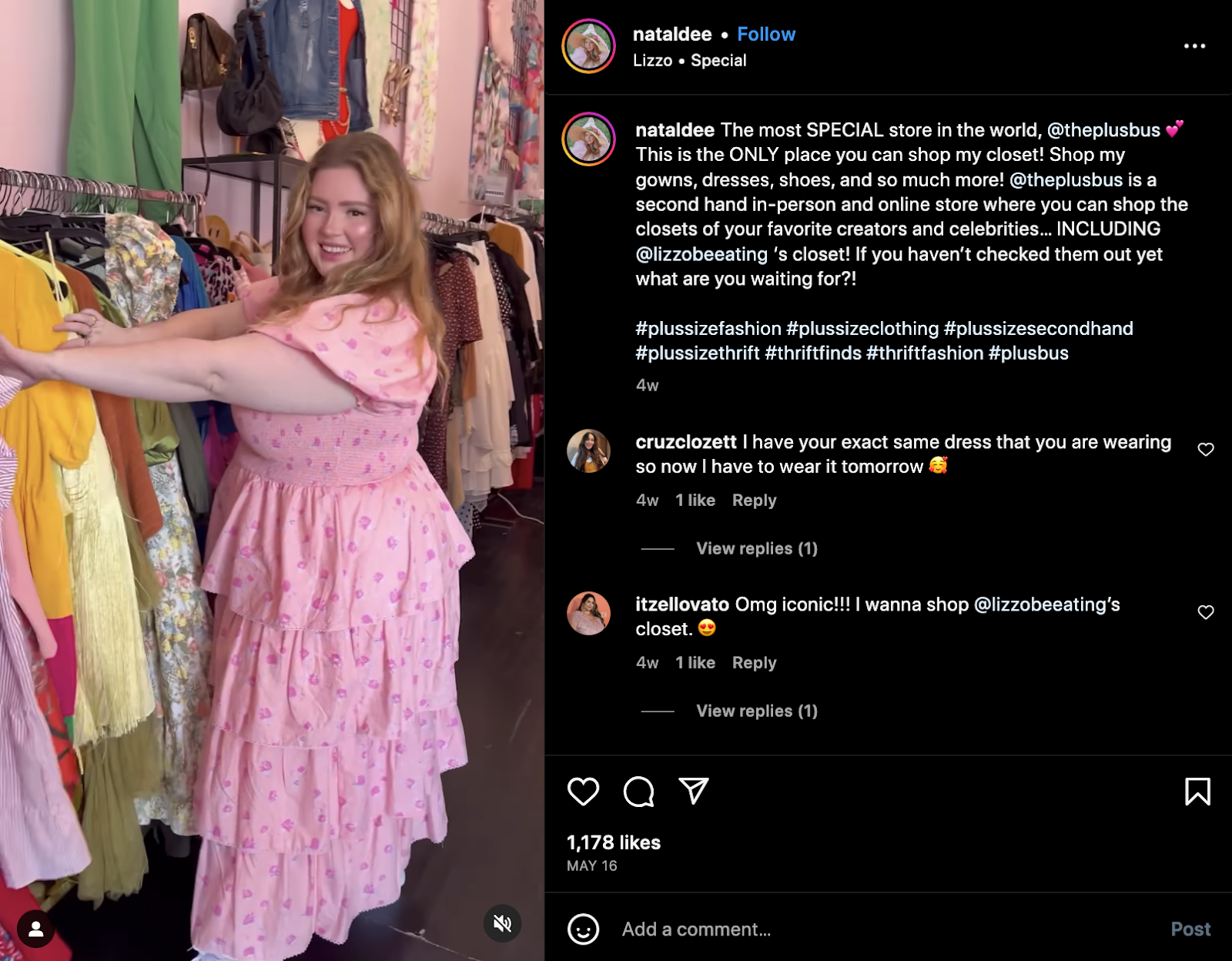 Instagram influencer Natalie smiles at the camera while looking through a rack of dresses at a second-hand plus-size clothing store.