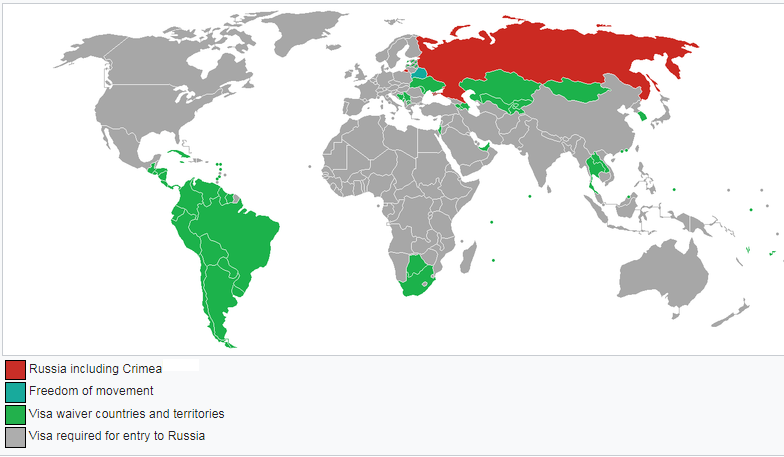 The world map indicating countries which have or have not a visa-free entry to Russia