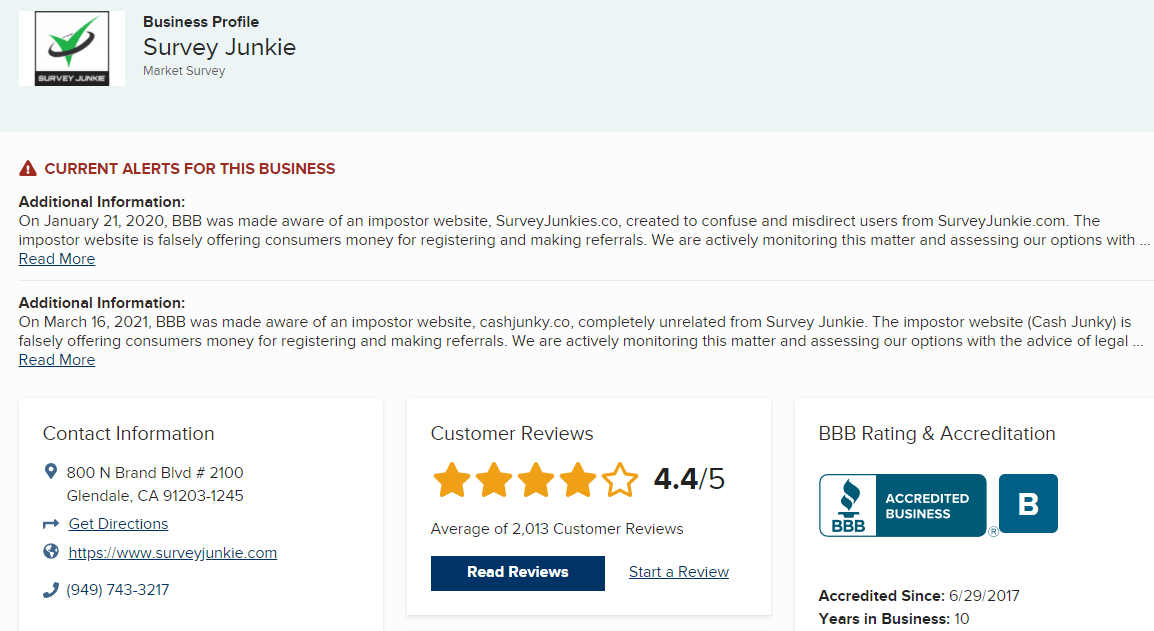 Better Business Bureau review of Survey Junkie.
