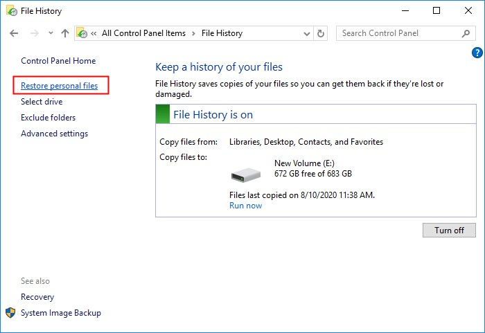 Recover files through Windows File History